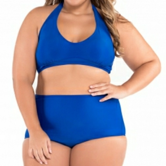 Solid Blue Plus Size Halter Bikini Swimsuit - Picture 4 of 5